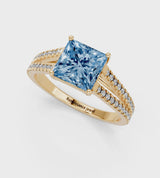 Yellow gold Fancy Blue Princess Cut Diamond Solitaire Engagement Ring with Split Shank Pavé Band