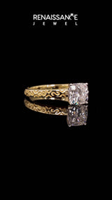 Yellow gold Cushion Solitaire Engagement Ring with Scrollwork Band and Four-Prong Setting