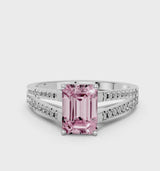Platinum Fancy Pink Emerald Cut Diamond Solitaire Engagement Ring with Split Shank Pavé Band