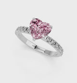Silver Fancy Pink Heart Cut Diamond Solitaire Pavé Band with Four-Prong Setting
