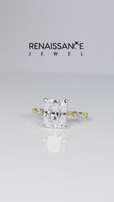 Platinum Radiant Cut Diamond Ring with Marquise and Round with Yellow Sapphire side stone Side Stones and Four-Prong Setting