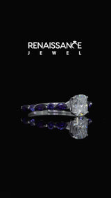 Silver Cushion Cut Diamond Ring with Marquise and Round with Blue Sapphire side stone Side Stones and Four-Prong Setting