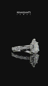 Silver Pear Cut Moissanite Side Stone Solitaire Ring with Round and Four-Prong Setting
