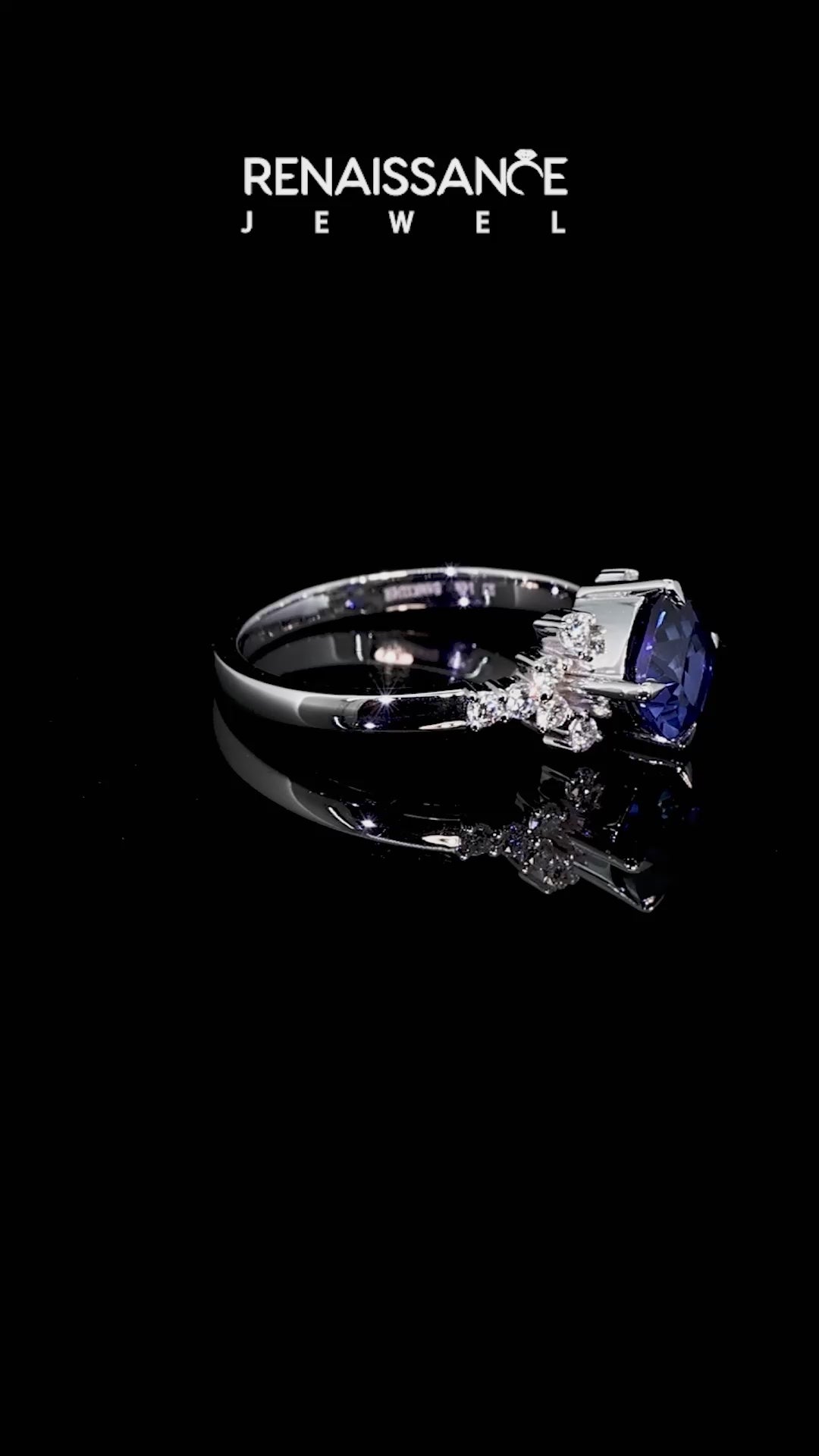 White gold Cushion Cut Tanzanite Ring with Side Stones and Four-Prong Setting_15