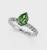 Silver Fancy Green Pear  Solitaire Pave Diamond Engagement Ring with Four-Prong Setting