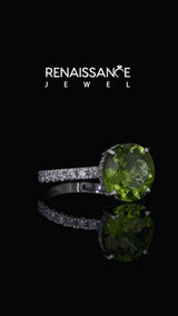Silver Round Cut Peridot Solitaire Ring with Round  Pavé Band and Four-Prong Setting