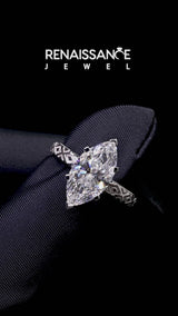 White gold Marquise Solitaire Diamond Ring with Milgrain and Black Enamel X Pattern Band