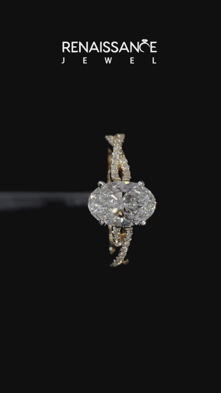 Yellow gold Oval Solitaire Twisted Pave Diamond Engagement Ring with Four-Prong Setting 3