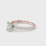 Rose gold Emerald Diamond Solitaire Ring with Prong Setting and Pavé Band