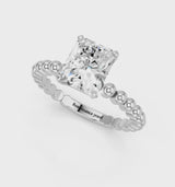Silver Radiant Cut Diamond Solitaire Ring with Beaded Band and Prong Setting