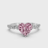 White gold Fancy Pink Heart Cut Solitaire Diamond Ring with Pave Band and Four-Prong Setting