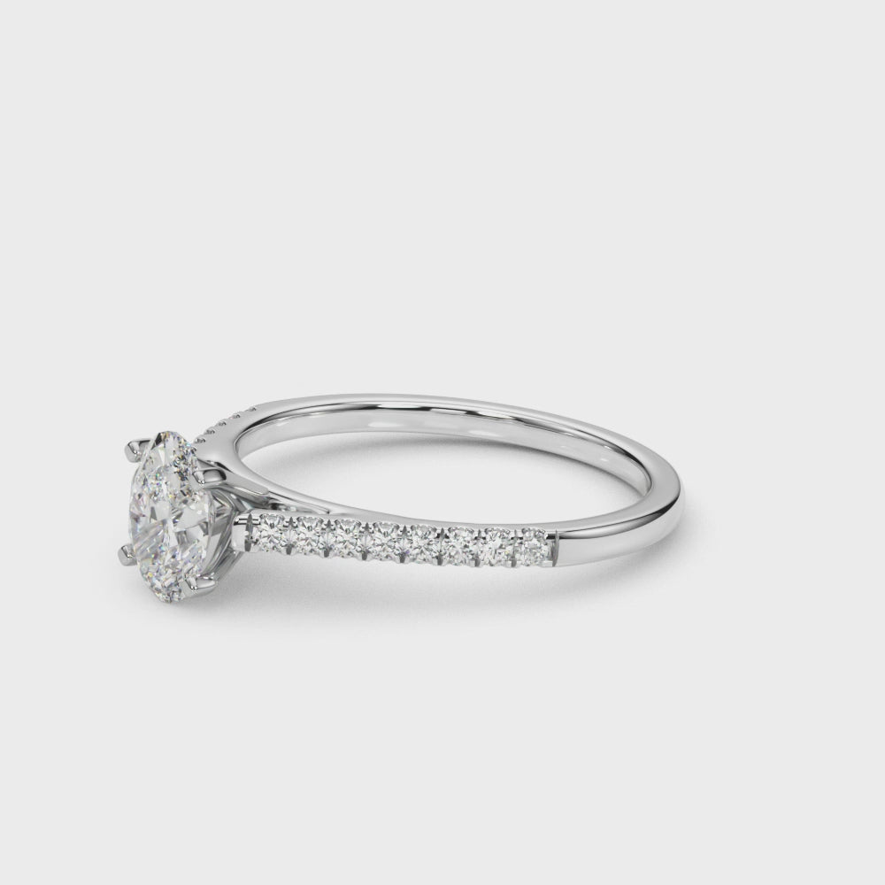 Silver Oval Cut Solitaire Diamond Ring with Pave Band and Four-Prong Setting 3