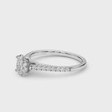 Platinum Oval Cut Solitaire Diamond Ring with Pave Band and Four-Prong Setting