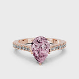 Rose gold Fancy Pink Pear  Cut Solitaire Diamond Engagement Ring with Pave Band and Four-Prong Setting