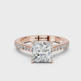 Rose gold Princess Cut Solitaire Diamond Engagement Ring with Pave Band and Four-Prong Setting