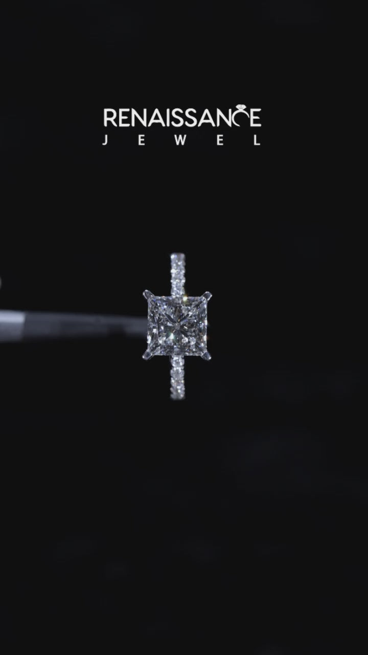 White gold Princess Solitaire Diamond Pavé Band with Four-Prong Setting 4