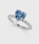 Silver Fancy Blue Heart Cut Diamond Solitaire Ring with Beaded Band and Prong Setting