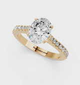 Yellow gold Oval Cut Solitaire Diamond Engagement Ring with Pave Band and Four-Prong Setting