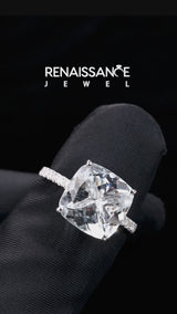 Silver Cushion Cut Aquamarine Pave Band Solitaire Ring with Round  and Prong Setting