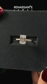 Rose gold Emerald Cut Diamond Pave Band Solitaire Ring with Round  and Prong Setting
