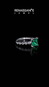 Silver Princess Cut Solitaire Emerald Ring with Pave Band and Four-Prong Setting