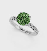 Silver Fancy Green Round  Solitaire Pave Diamond Engagement Ring with Four-Prong Setting