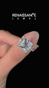 Silver Princess Cut Aquamarine Solitaire Ring with Round  Pavé Band and Prong Setting