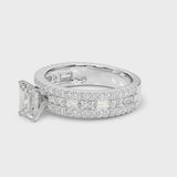 Silver Emerald Cut Diamond Solitaire Ring with Pavé and Channel Set Band