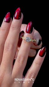 Yellow gold Pear Cut Diamond Solitaire Ring with Leaf Motif Band and Four-Prong Setting