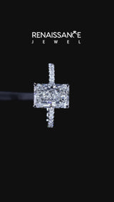 14K White Gold 3.03 Carat D VS1 Radiant Cut Diamond Pave Band Solitaire Ring with Four-Prong Setting