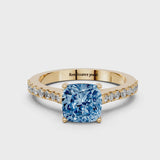 Yellow gold Fancy Blue Cushion  Cut Solitaire Diamond Engagement Ring with Pave Band and Four-Prong Setting