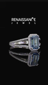 Platinum Fancy Blue Emerald Cut Diamond Halo Split Shank Engagement Ring