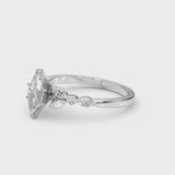 Silver Marquise Cut Diamond Solitaire Ring with Side Stones and Four-Prong Setting