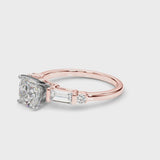 Rose gold Cushion Cut Diamond Ring with Baguette Side Stones, Channel Set Band, and Four-Prong Setting