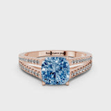 Rose gold Fancy Blue Cushion Cut Diamond Solitaire Engagement Ring with Split Shank Pavé Band