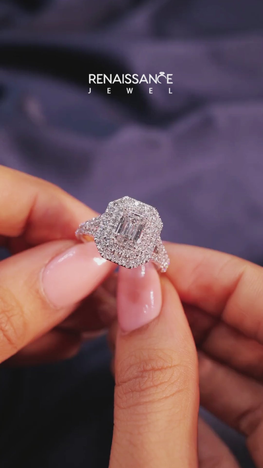 White gold Emerald Cut Double Halo Pave Band Prong Setting Ring 4