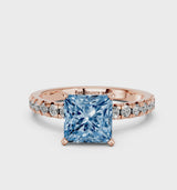 Rose gold Fancy Blue Princess  Solitaire Pave Diamond Engagement Ring with Four-Prong Setting