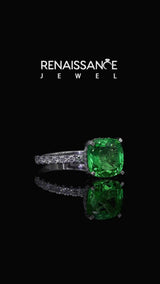 Silver Cushion Cut Green Sapphire Pave Band Solitaire Ring with Round  and Prong Setting