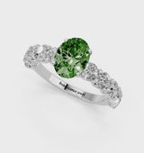 Platinum Fancy Green Oval Cut Diamond Prong Setting with Side Stones on a Pave Band