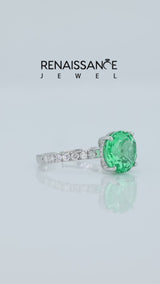 Silver Round Cut Green Sapphire Solitaire Ring with Round  Pavé Band and Four-Prong Setting
