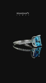 Silver Princess Cut Blue Topaz Solitaire Ring with Round  Pavé Band and Prong Setting