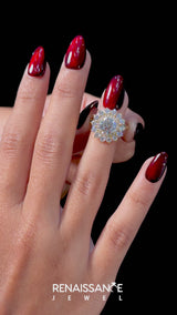 Yellow gold Round Halo Cluster Diamond Ring with Pave Band and Four-Prong Setting