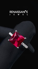 Silver Princess Cut Garnet Solitaire Ring with Round  Pavé Band and Prong Setting
