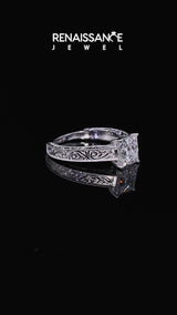 Platinum Princess Cut Diamond Solitaire Ring with Engraved Band and Four-Prong Setting