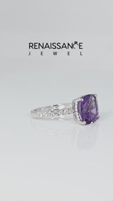 Silver Cushion Cut Amethyst Pave Band Solitaire Ring with Round  and Prong Setting