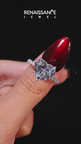 Platinum Heart Cut Diamond Solitaire Ring with Round  Pavé Band and Four-Prong Setting