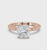 Rose gold Cushion Cut Diamond Solitaire Ring with Beaded Band and Prong Setting