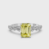 Silver Fancy Yellow Emerald Cut Solitaire Diamond Ring with Pave Band and Four-Prong Setting