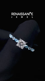 Silver Princess Cut Diamond Ring with Marquise and Round with Blue Topaz side stone Side Stones and Four-Prong Setting
