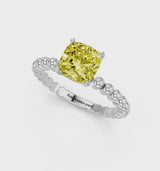 Platinum Fancy Yellow Cushion Cut Diamond Solitaire Ring with Beaded Band and Prong Setting
